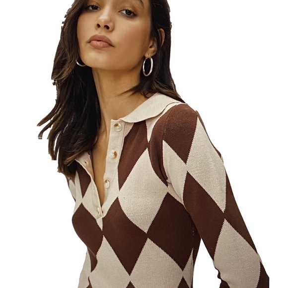 NWOT NASTY GAL Clueless Harlequin Print Fitted Polo Argyle Preppy Knit Sweater M - Picture 3 of 15